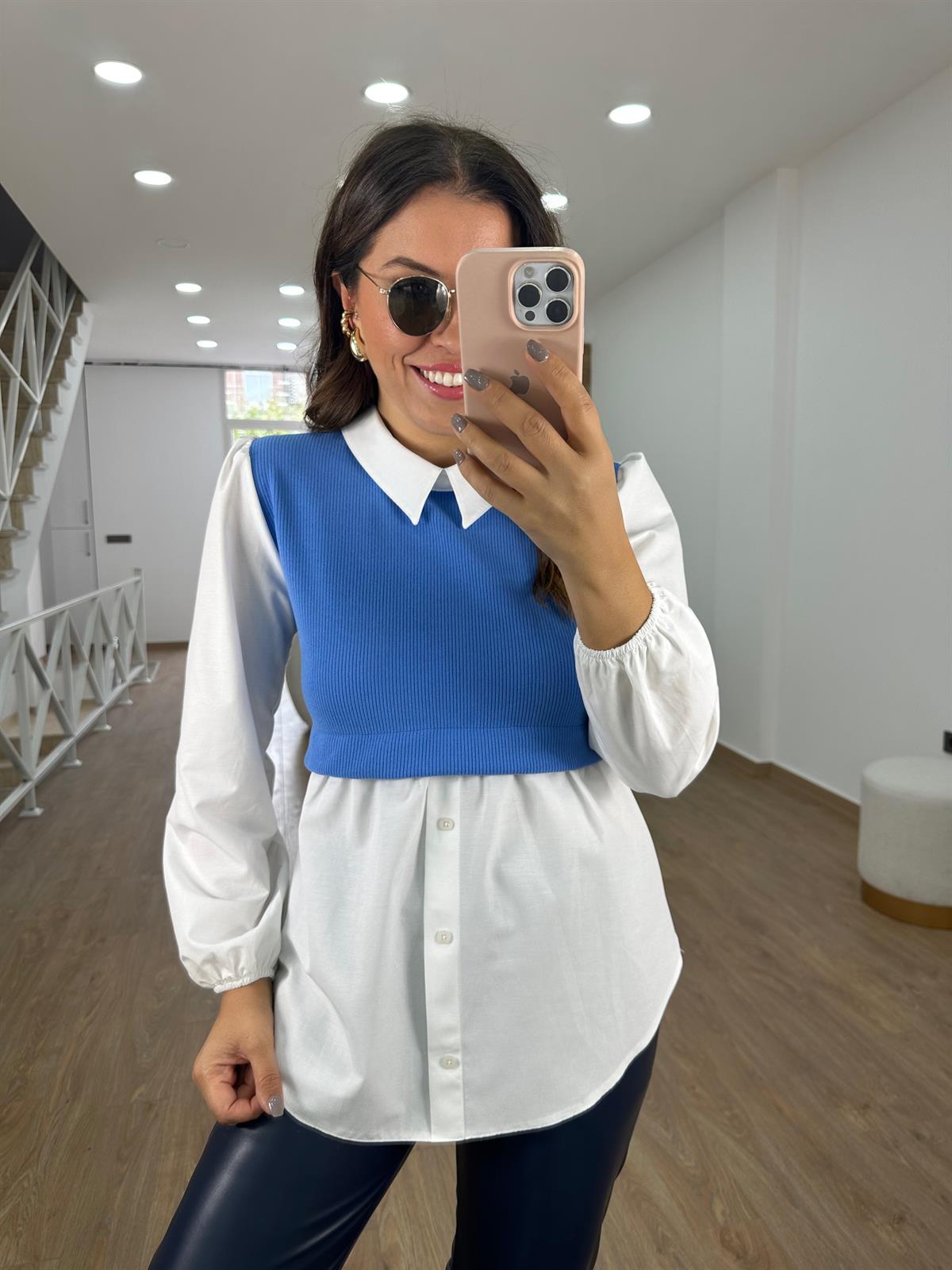 %100 Pamuk Triko Detaylı Gömlek-Mavi