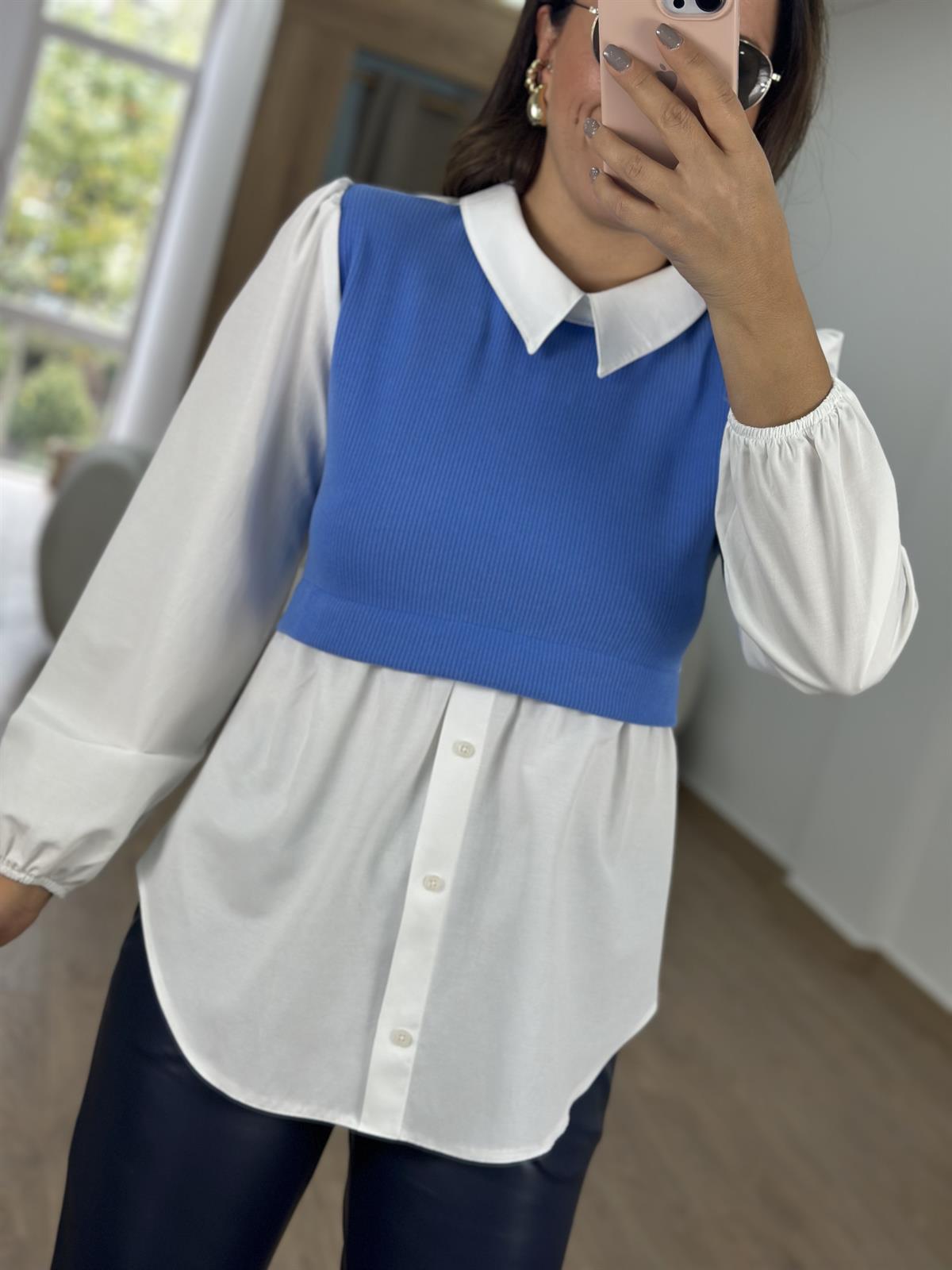 %100 Pamuk Triko Detaylı Gömlek-Mavi