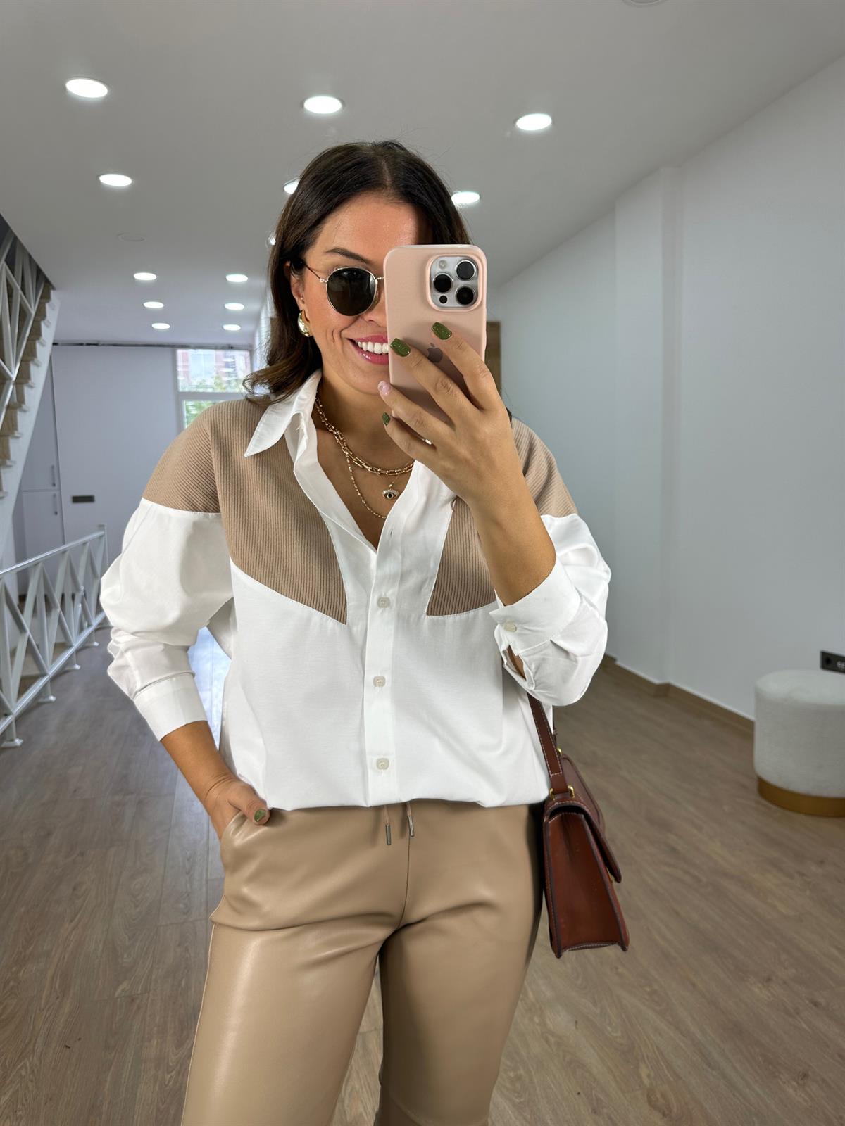 %100 Pamuk Triko Detaylı Salaş Gömlek-Camel