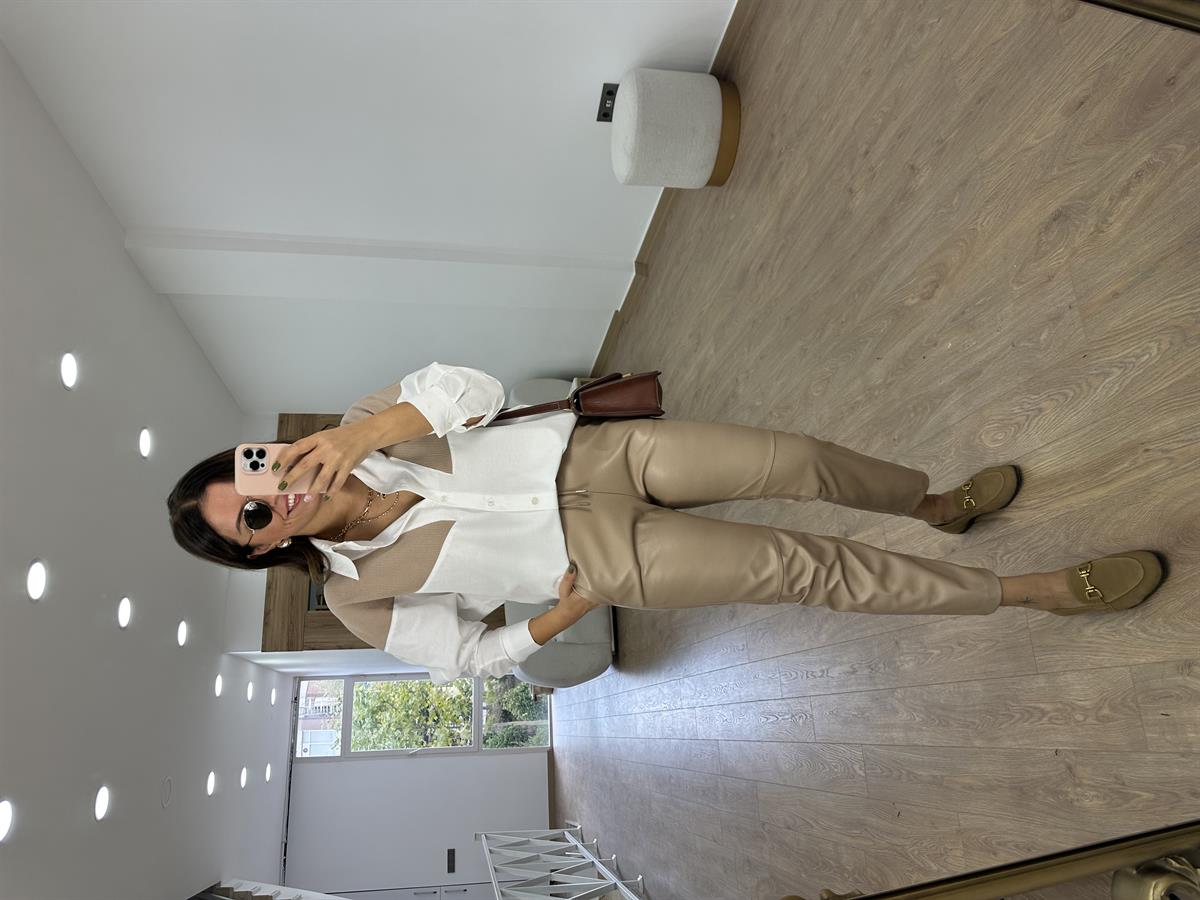 %100 Pamuk Triko Detaylı Salaş Gömlek-Camel