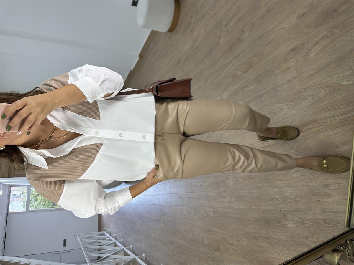 %100 Pamuk Triko Detaylı Salaş Gömlek-Camel