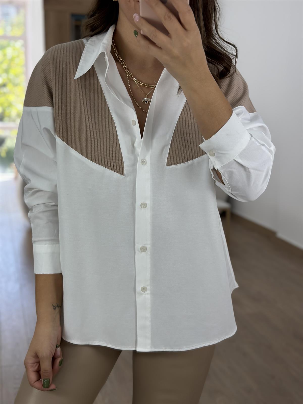 %100 Pamuk Triko Detaylı Salaş Gömlek-Camel