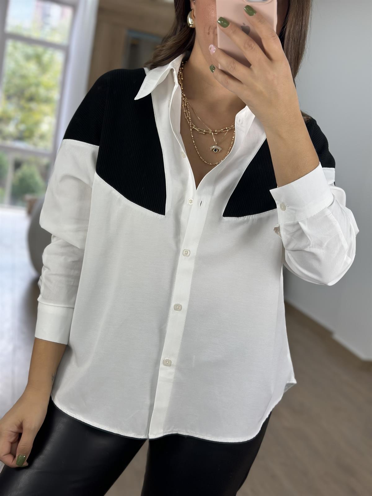 %100 Pamuk Triko Detaylı Salaş Gömlek-Siyah