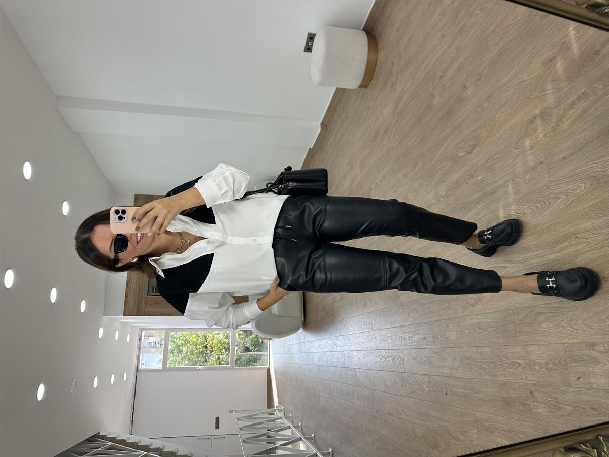 %100 Pamuk Triko Detaylı Salaş Gömlek-Siyah