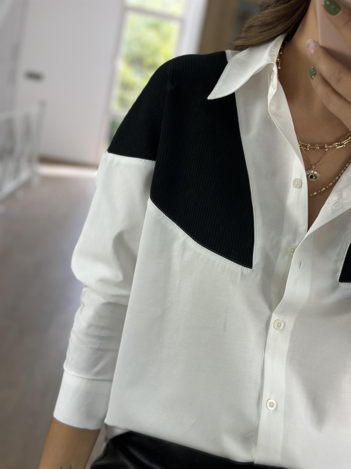 %100 Pamuk Triko Detaylı Salaş Gömlek-Siyah