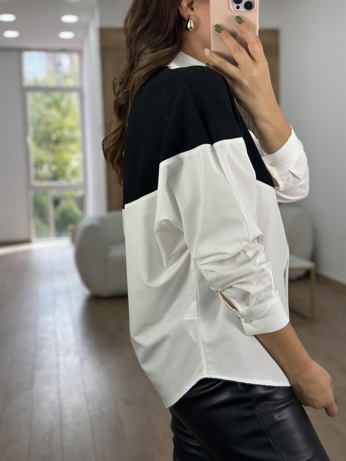 %100 Pamuk Triko Detaylı Salaş Gömlek-Siyah