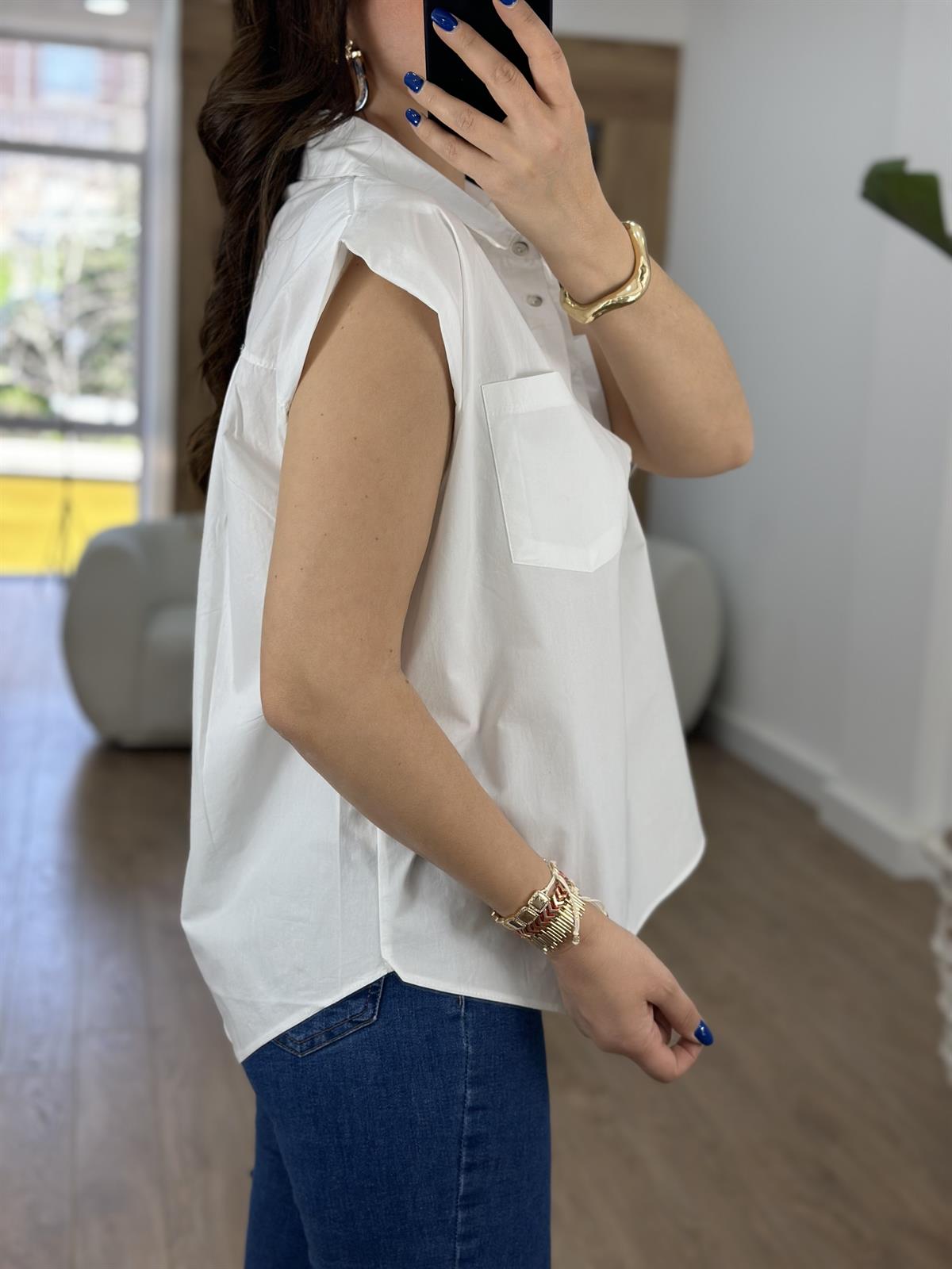 %100 Pamuk Vatkalı Sıfırkol Gömlek-Beyaz