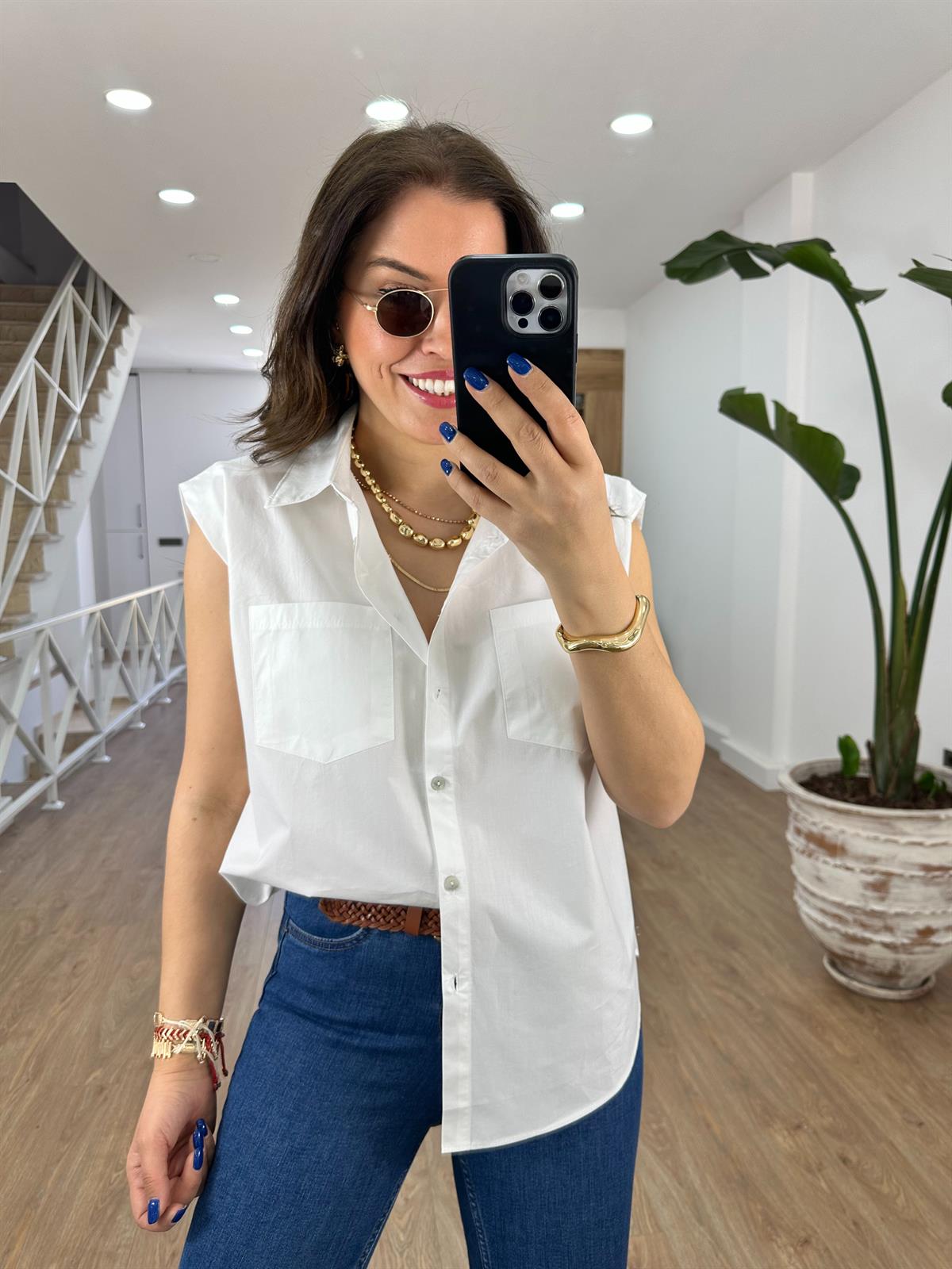 %100 Pamuk Vatkalı Sıfırkol Gömlek-Beyaz