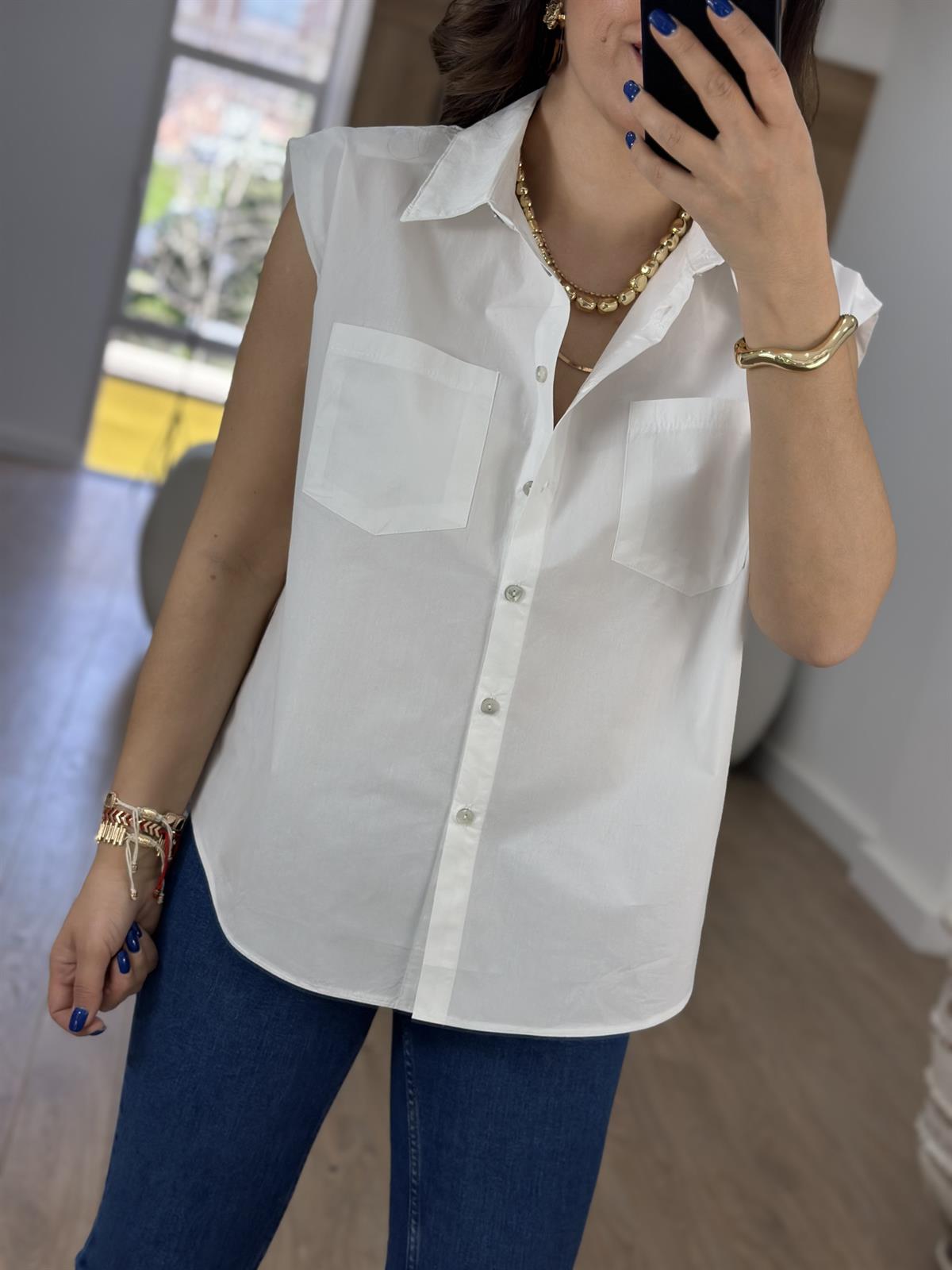 %100 Pamuk Vatkalı Sıfırkol Gömlek-Beyaz