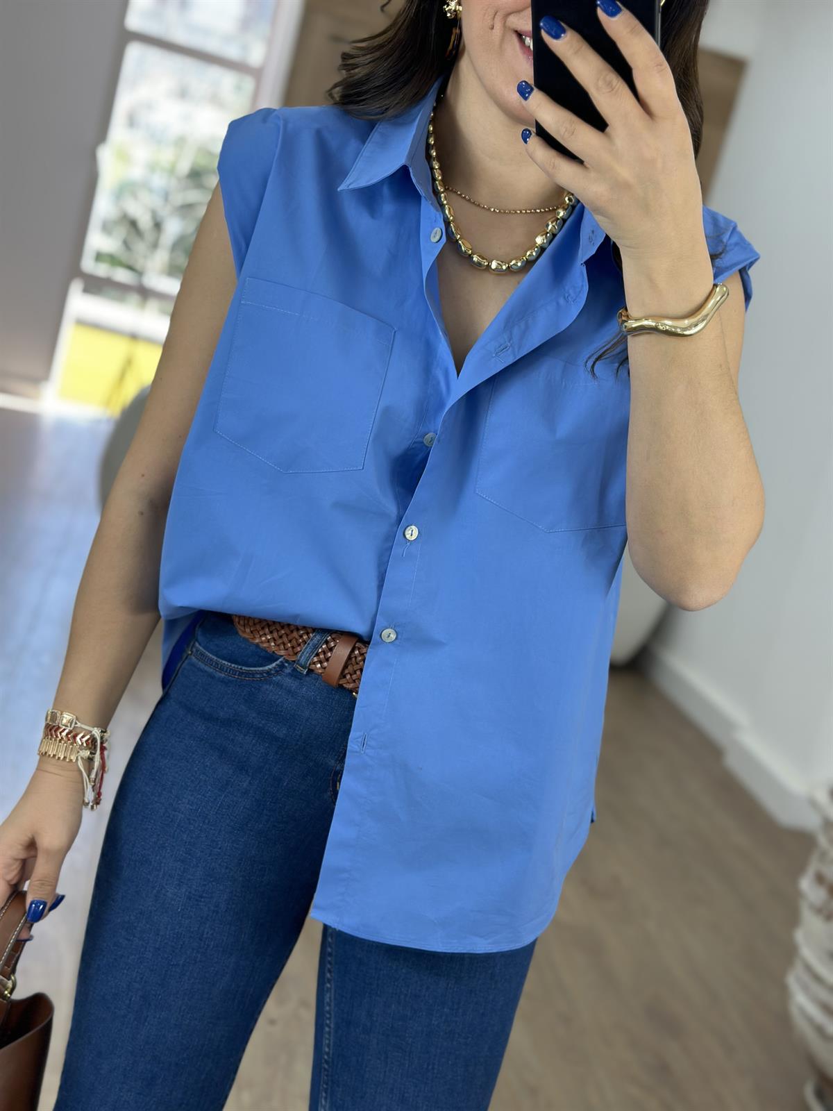 %100 Pamuk Vatkalı Sıfırkol Gömlek-Mavi