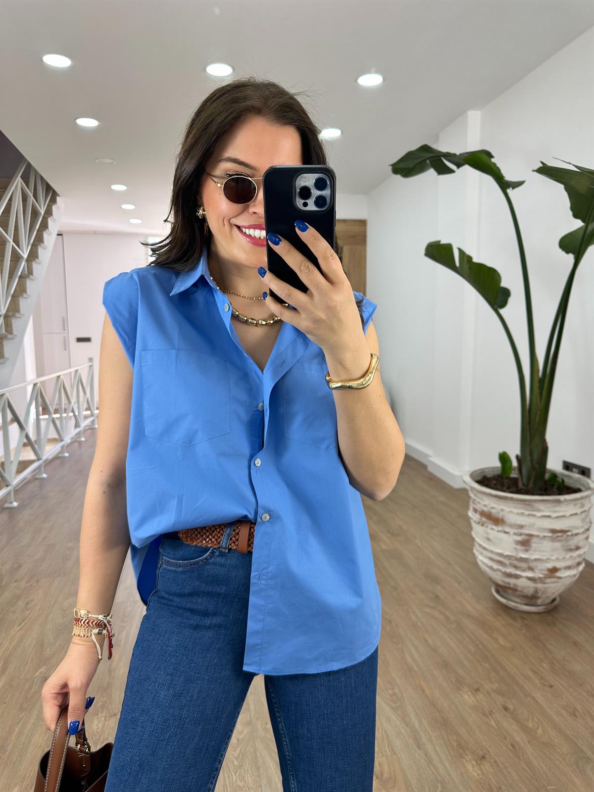 %100 Pamuk Vatkalı Sıfırkol Gömlek-Mavi