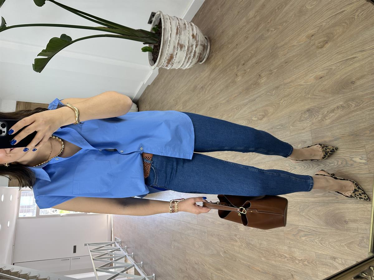 %100 Pamuk Vatkalı Sıfırkol Gömlek-Mavi