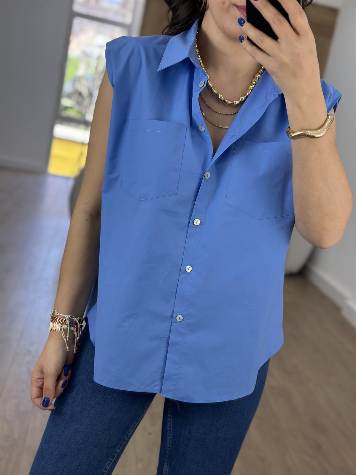 %100 Pamuk Vatkalı Sıfırkol Gömlek-Mavi