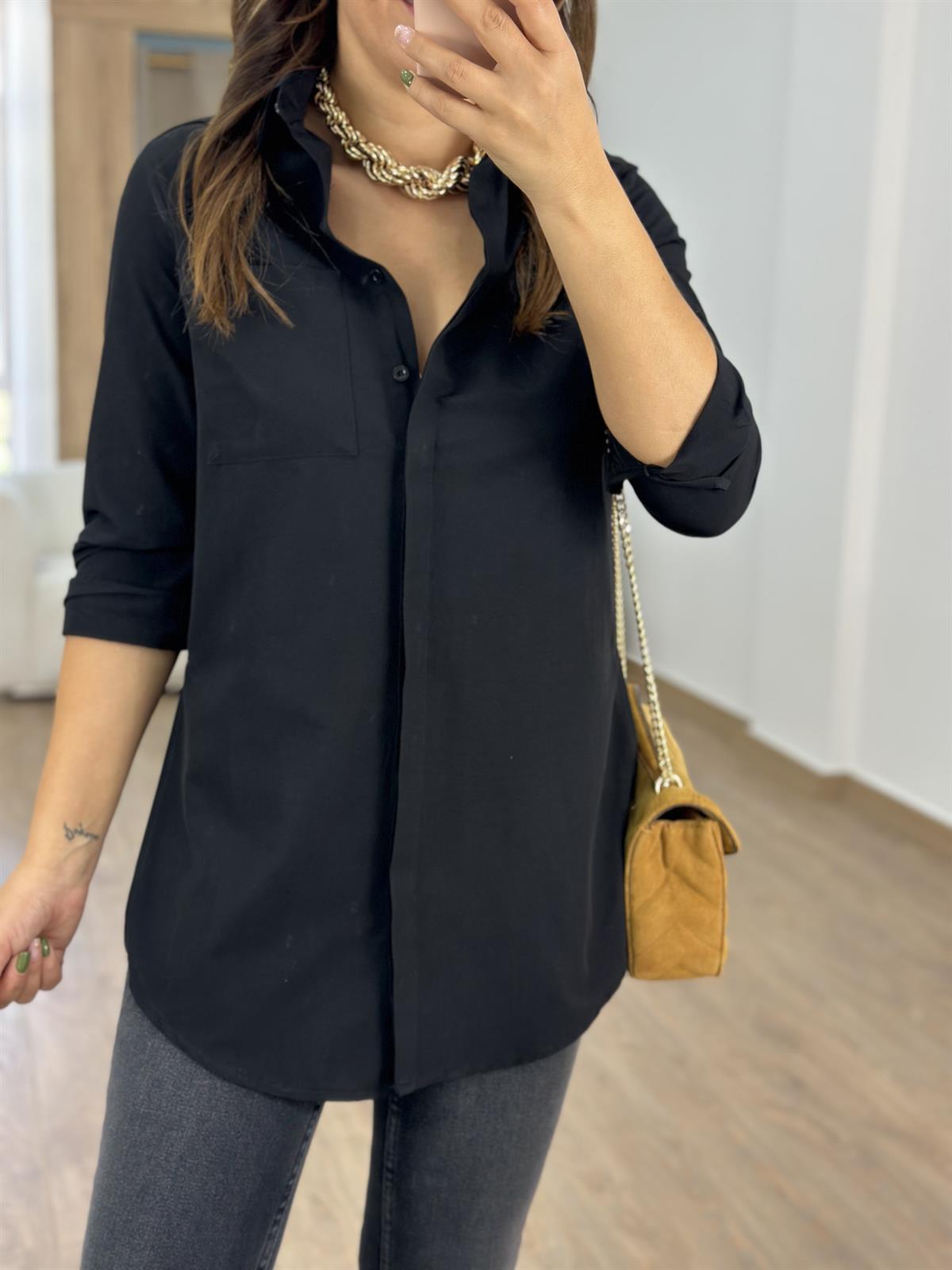 %100 Pamuk Yandan Yırtmaçlı Basic Gömlek - Siyah