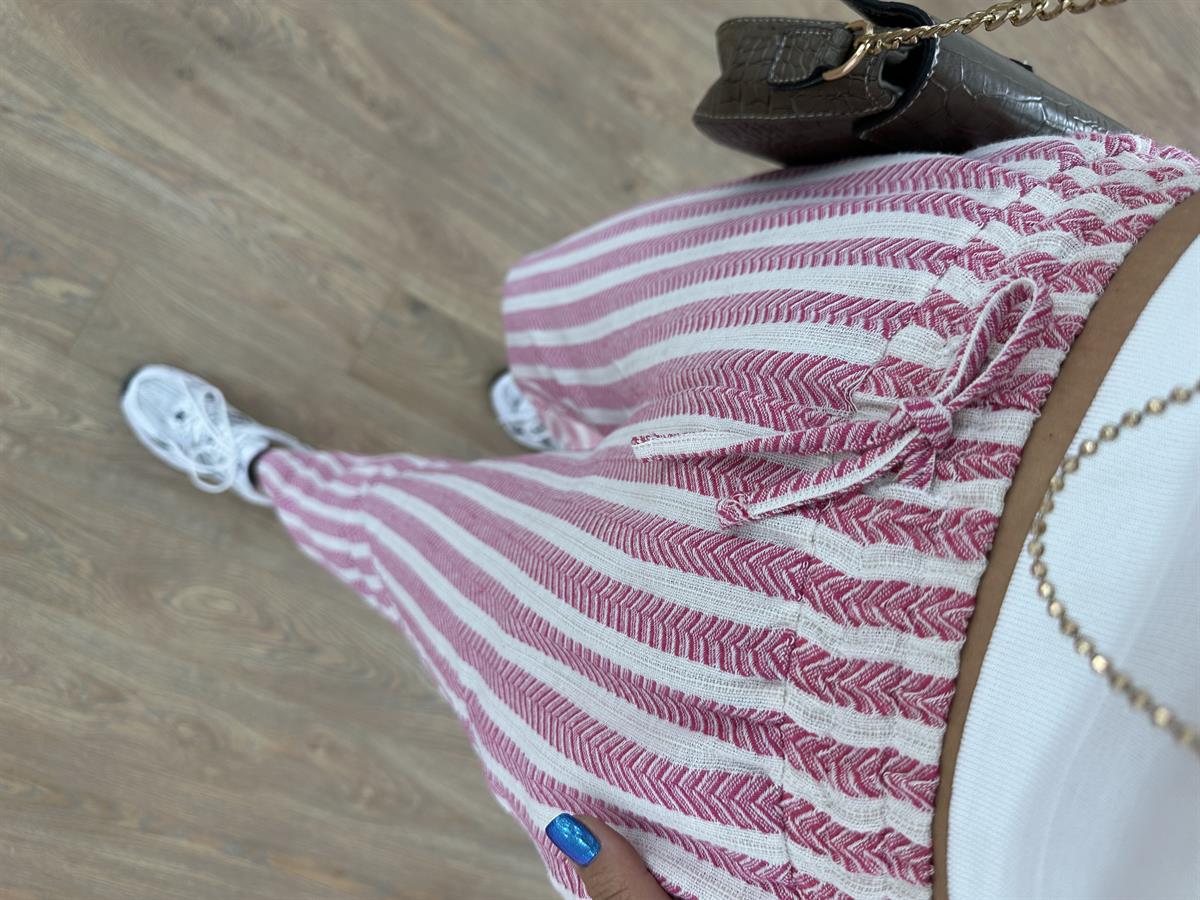 %100 Pamuk Zigzag Beli Lastikli Pantolon-Pembe