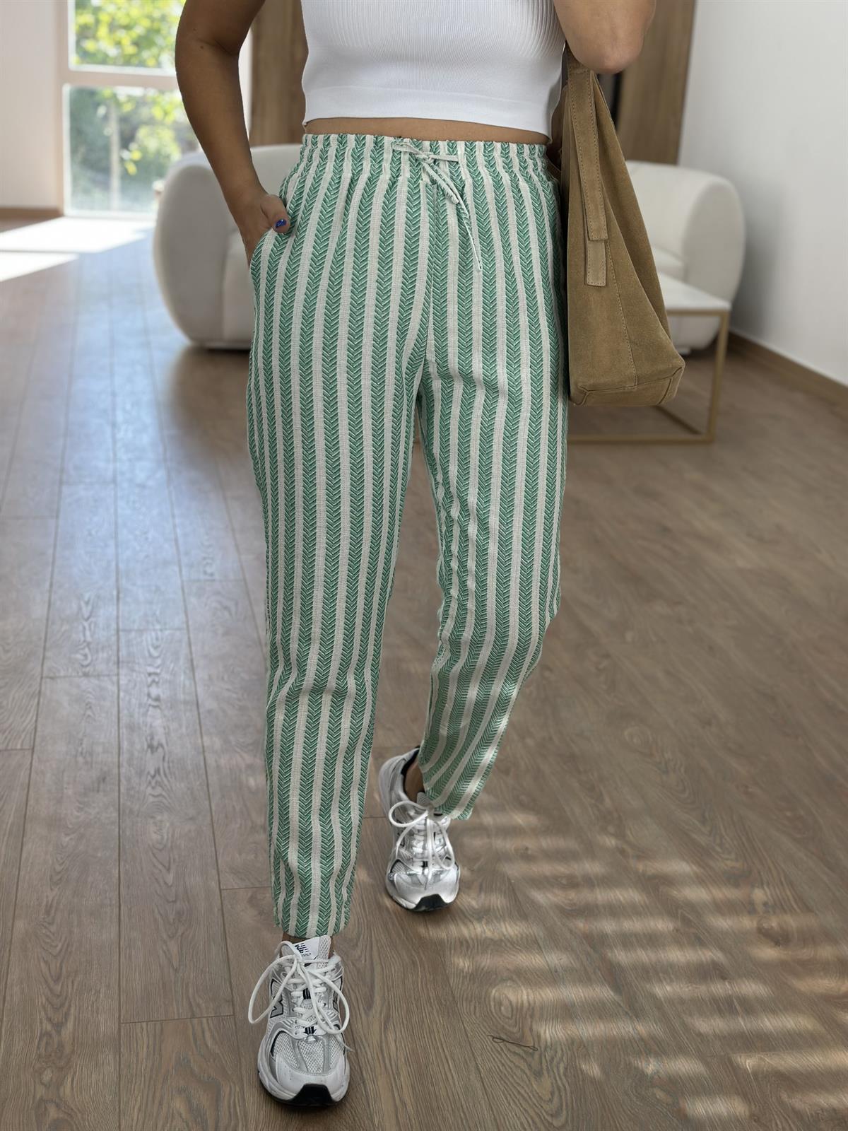 %100 Pamuk Zigzag Beli Lastikli Pantolon-Yeşil