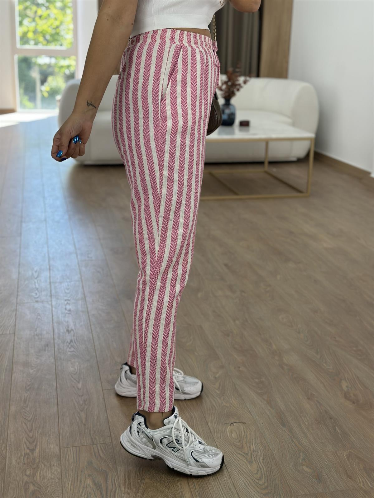 %100 Pamuk Zigzag Beli Lastikli Pantolon-Pembe