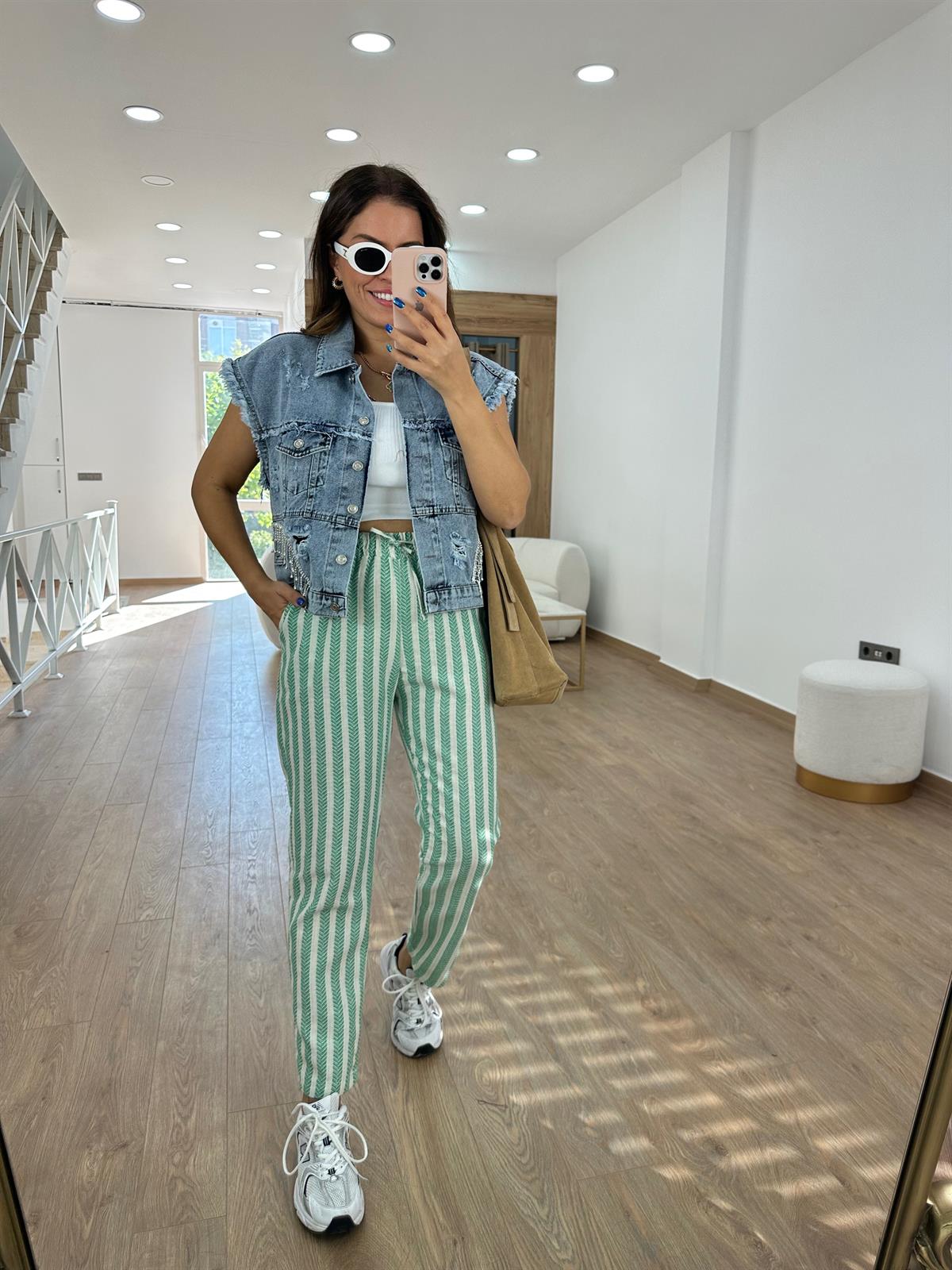 %100 Pamuk Zigzag Beli Lastikli Pantolon-Yeşil