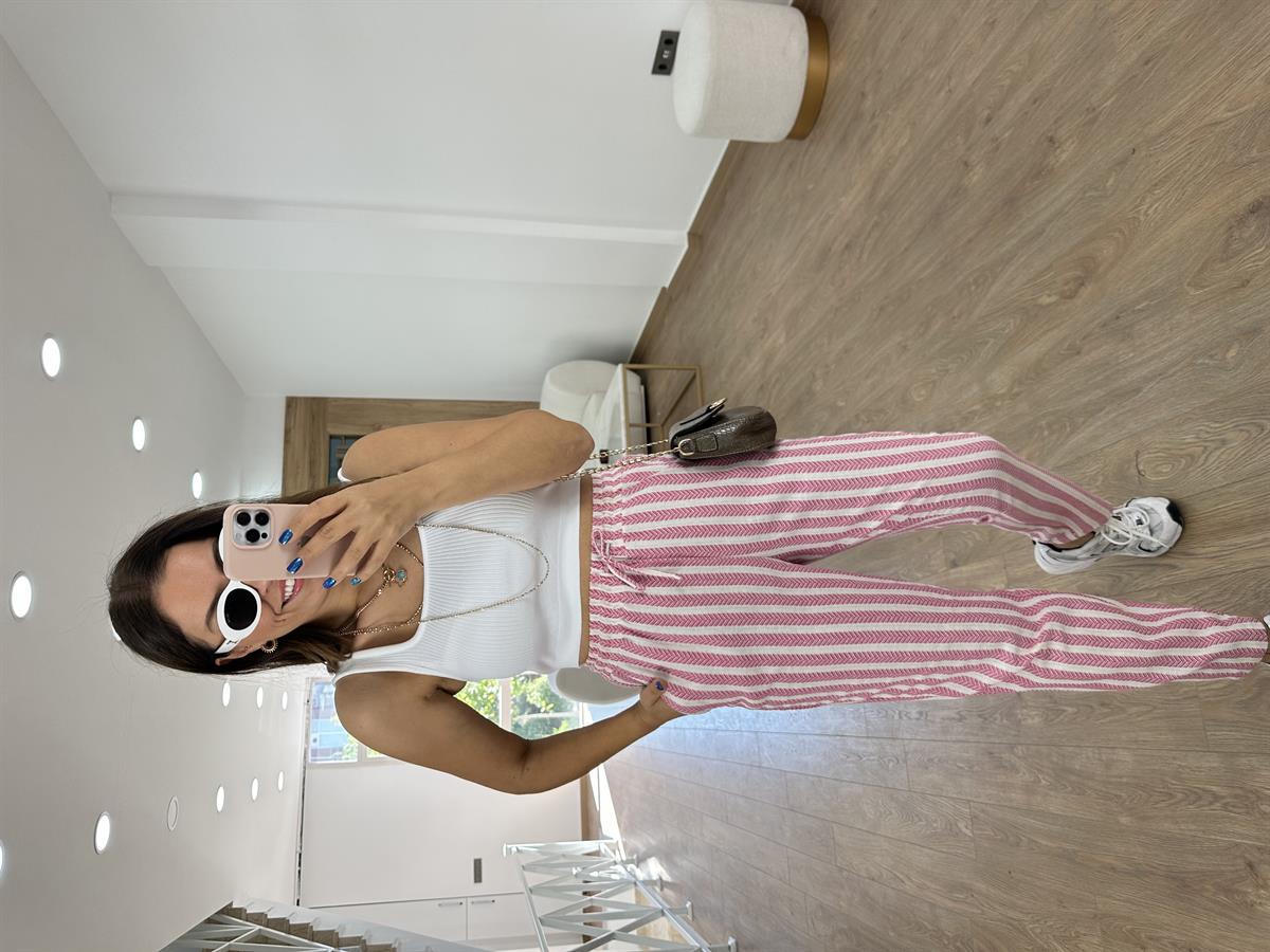 %100 Pamuk Zigzag Beli Lastikli Pantolon-Pembe