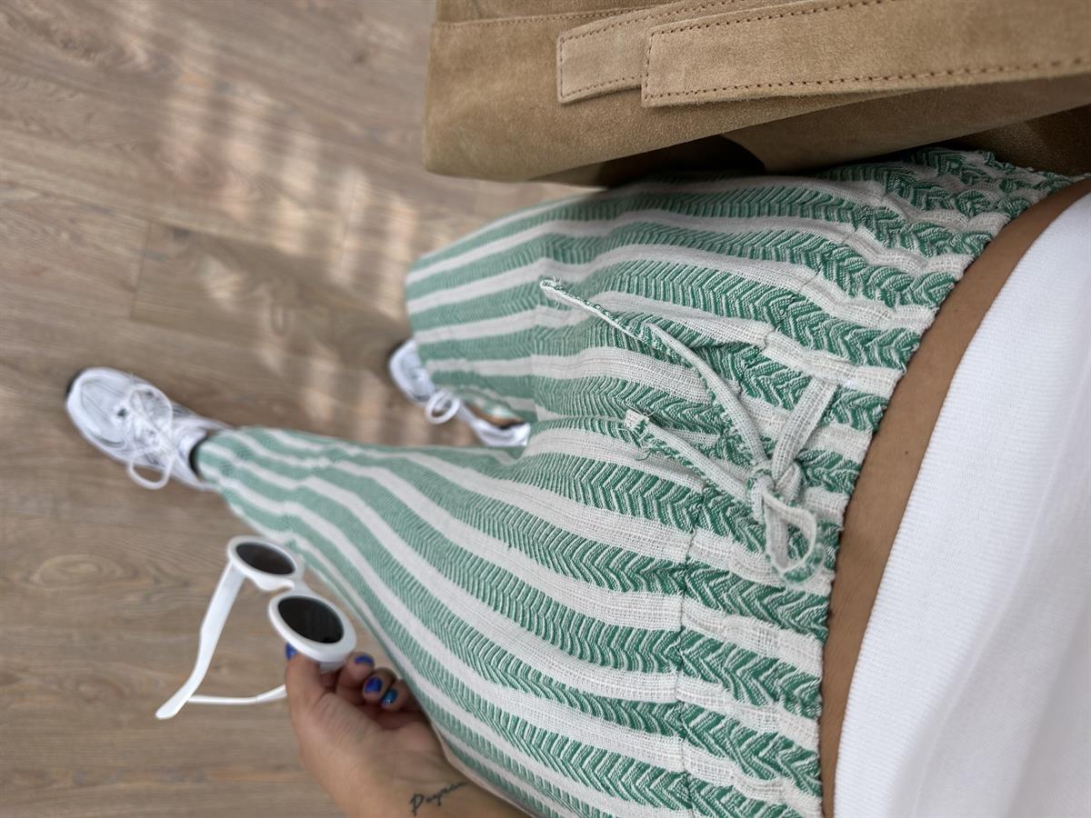 %100 Pamuk Zigzag Beli Lastikli Pantolon-Yeşil