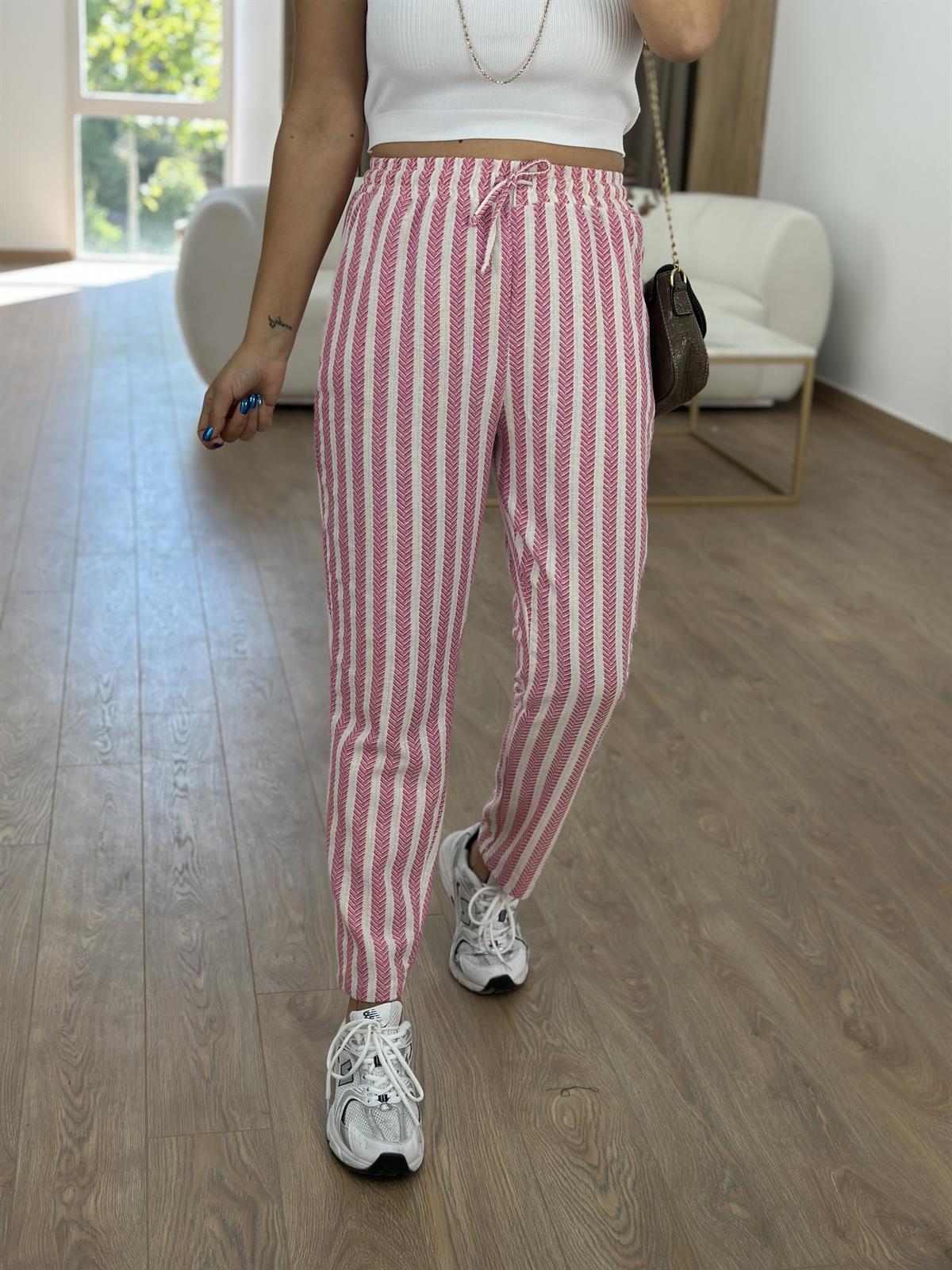 %100 Pamuk Zigzag Beli Lastikli Pantolon-Pembe