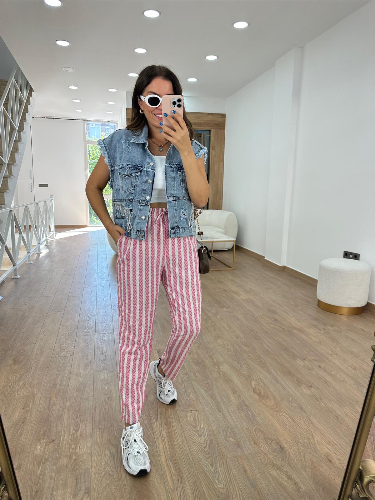 %100 Pamuk Zigzag Beli Lastikli Pantolon-Pembe