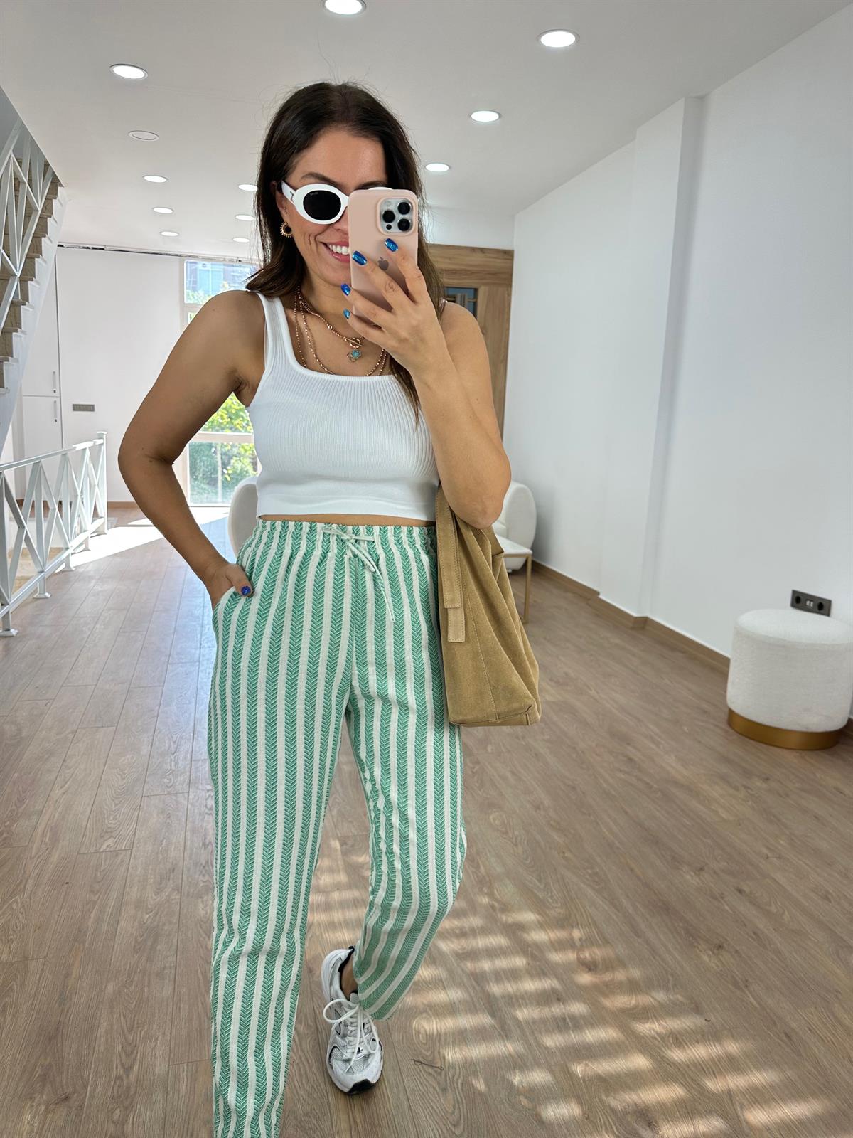 %100 Pamuk Zigzag Beli Lastikli Pantolon-Yeşil