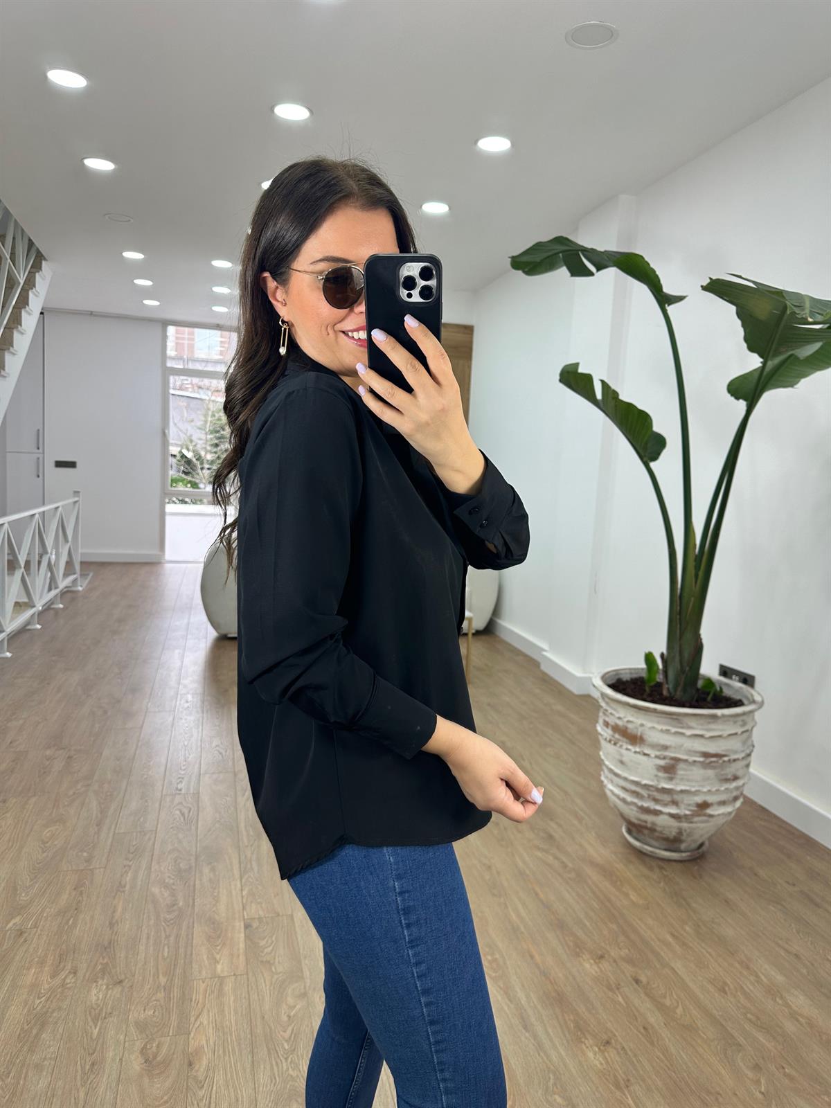 %100 Viskon Basic Gömlek-Siyah