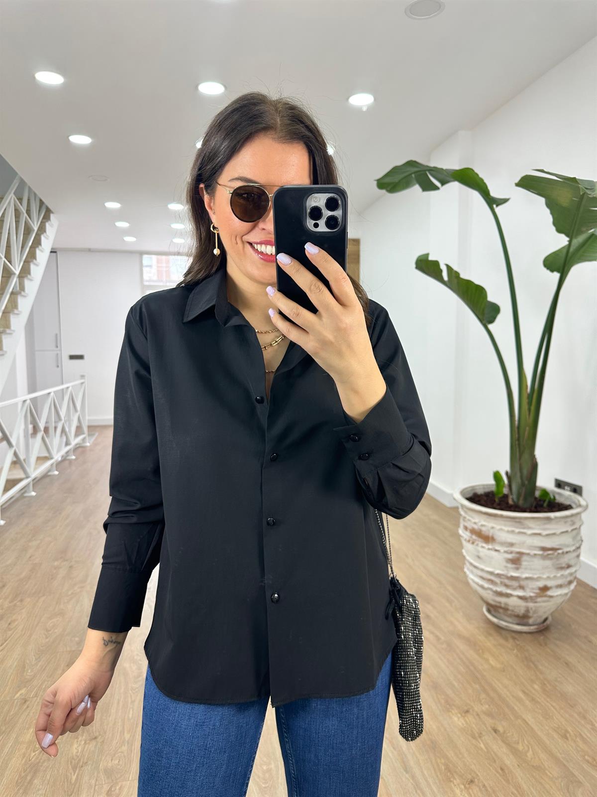 %100 Viskon Basic Gömlek-Siyah