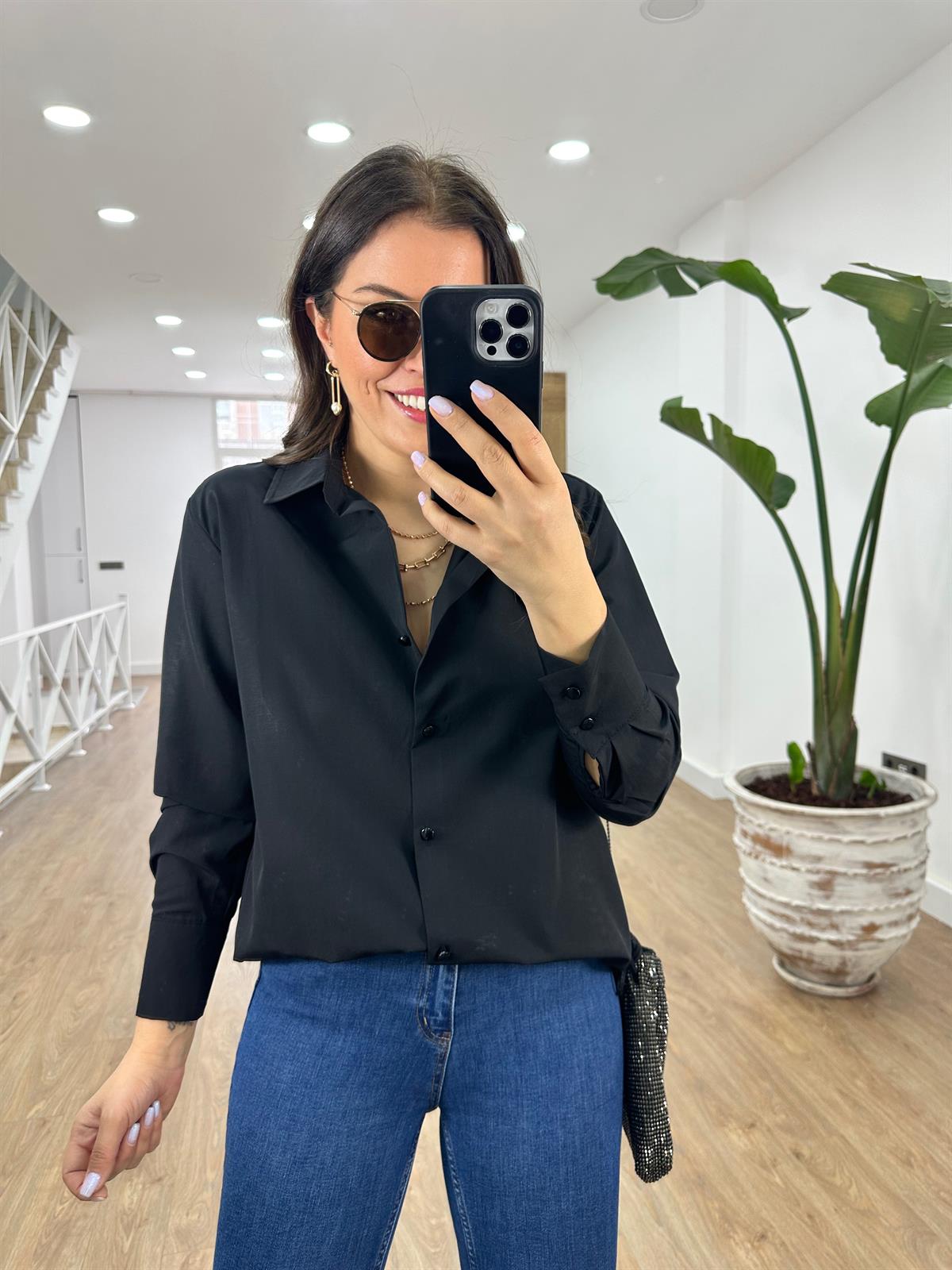 %100 Viskon Basic Gömlek-Siyah