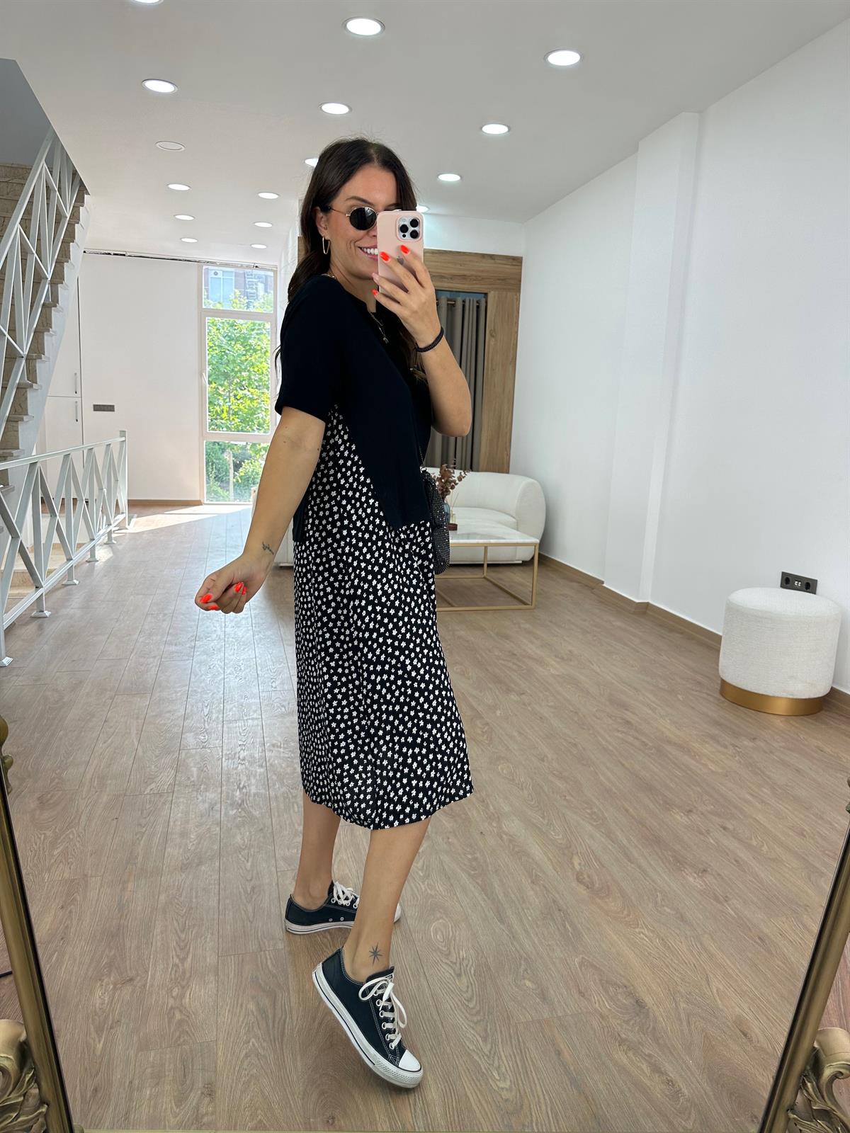 %100 Viskon Eteği Çiçekli Elbise