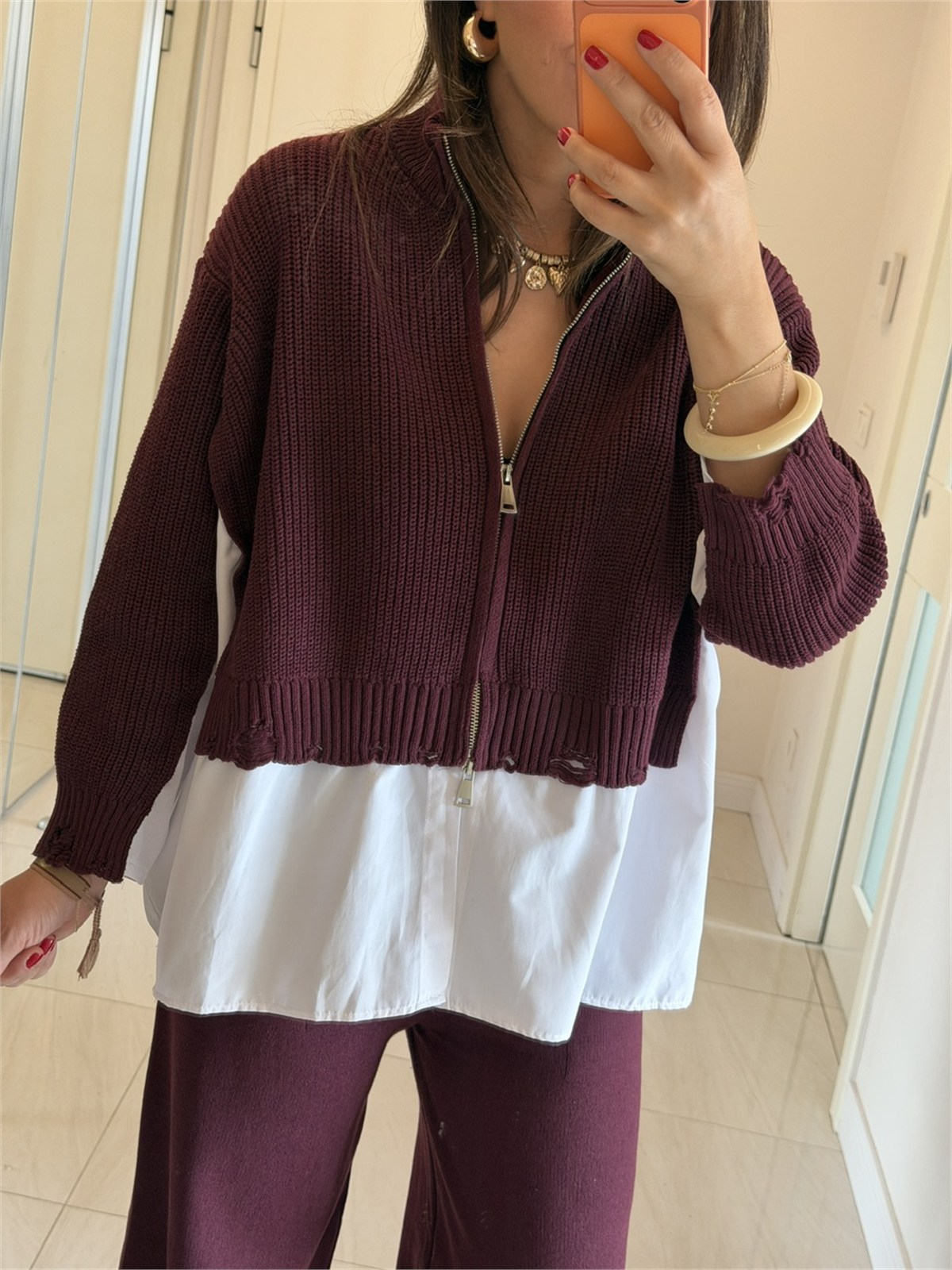 Poplin Detaylı Çift Fermuarlı Triko Takım-Bordo
