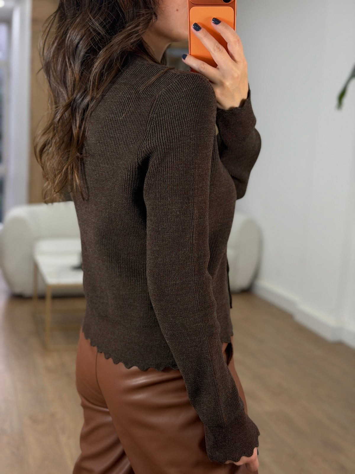 Dantel Fularlı Triko Hırka - Kahverengi