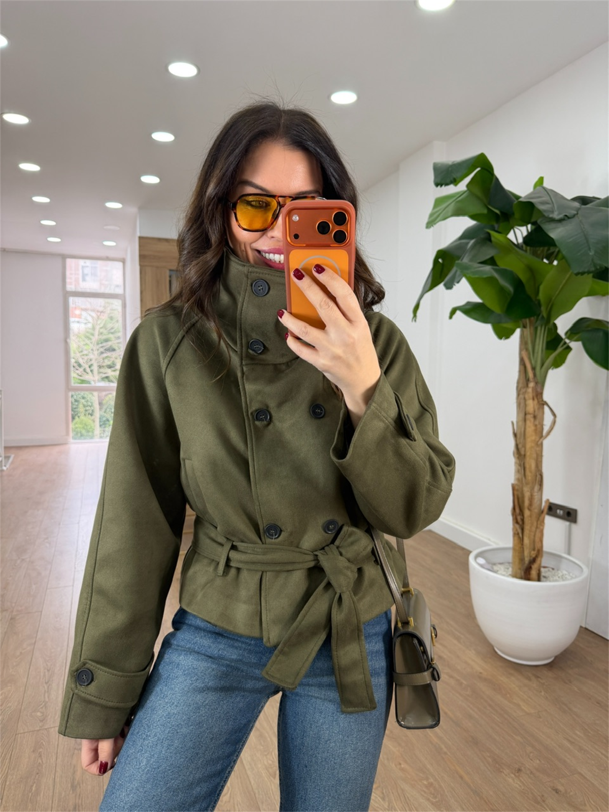 Dik Yaka Kuşaklı Süet Ceket - Haki 