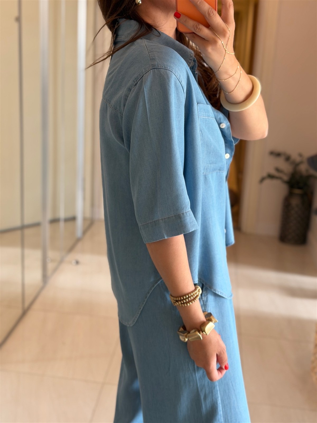 Yarım Kol Premium Tensel Denim Takım - Buz Mavisi