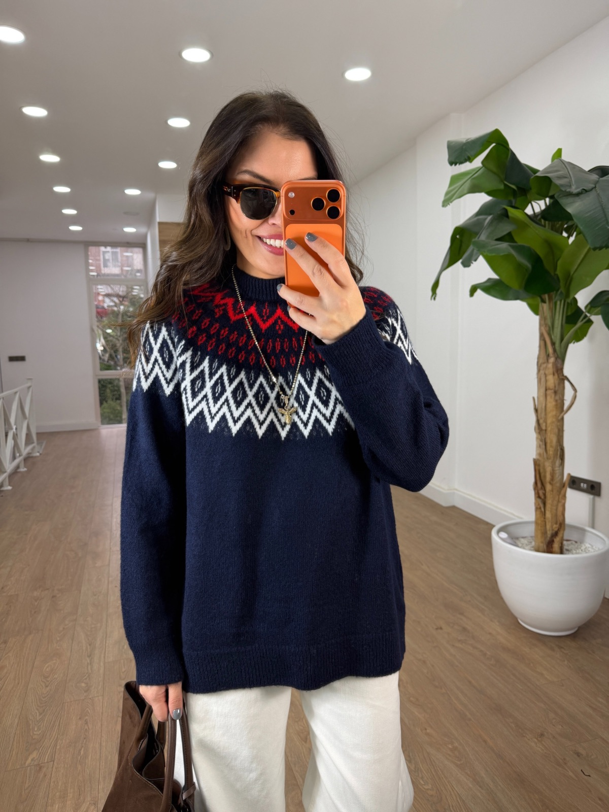 Bisiklet Yaka Etnik Desenli Kazak - Lacivert