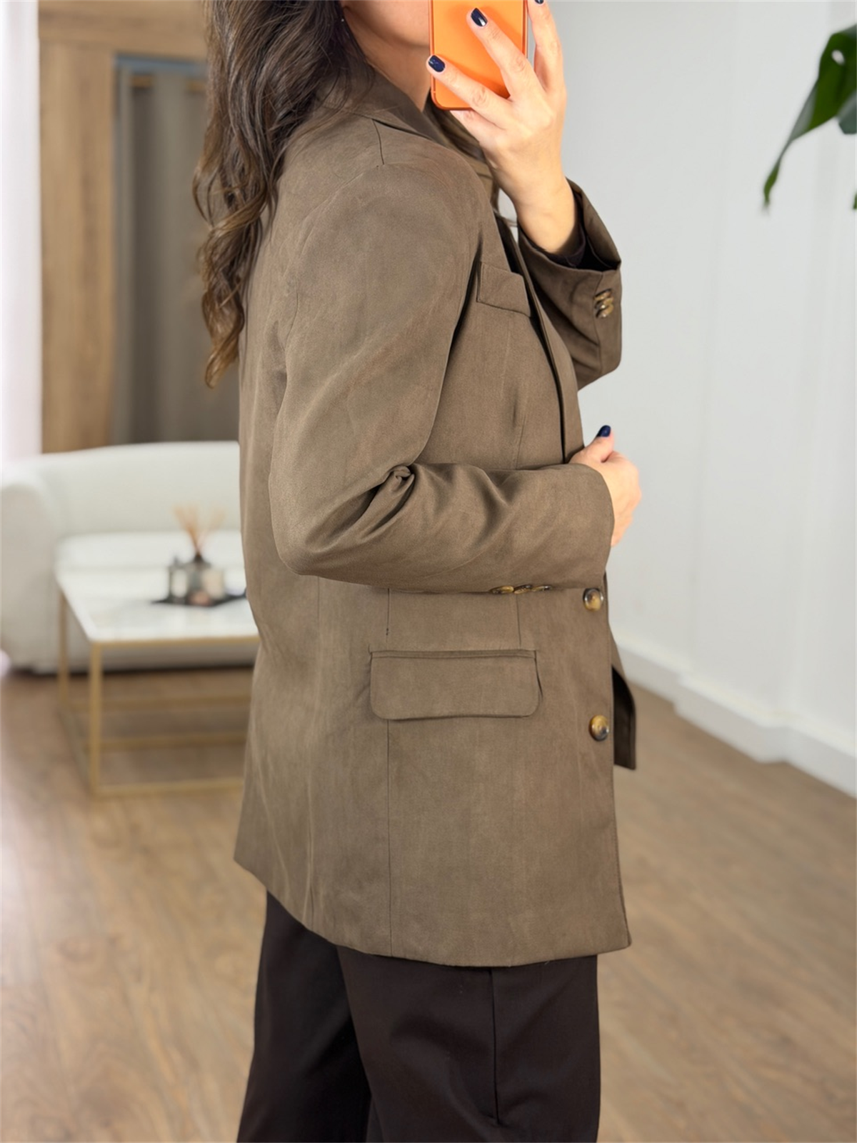 İki Düğmeli Süet Ceket - Sütlü Kahve