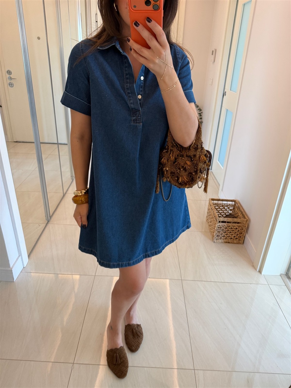 Polo Yaka Kısa Kollu Denim Elbise