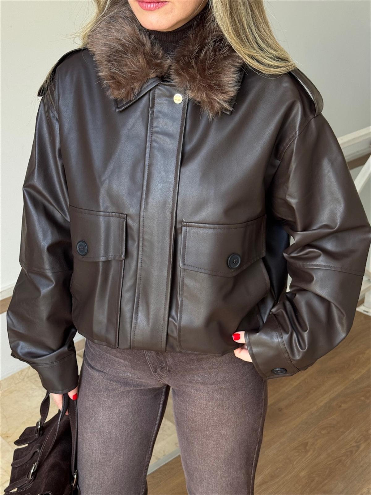 Yakası Kürklü Deri Bomber Ceket - Kahverengi