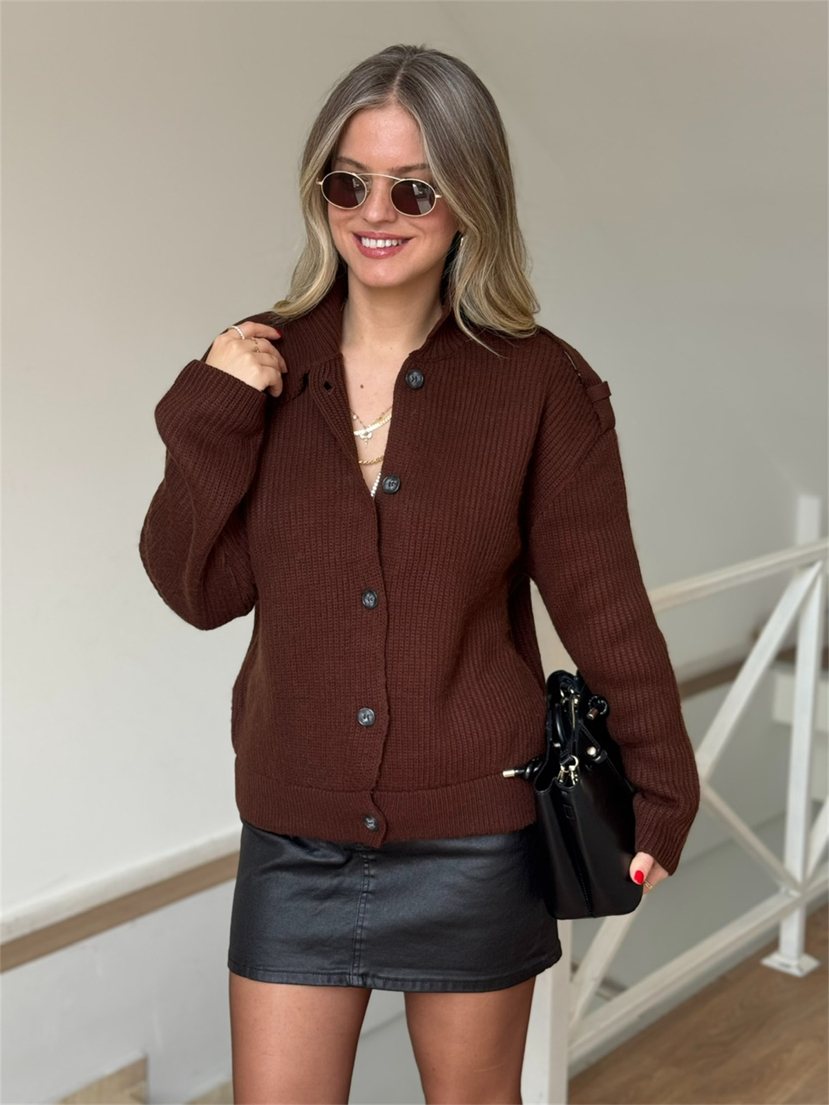 Balıkçı Yaka Triko Ceket - Kahverengi