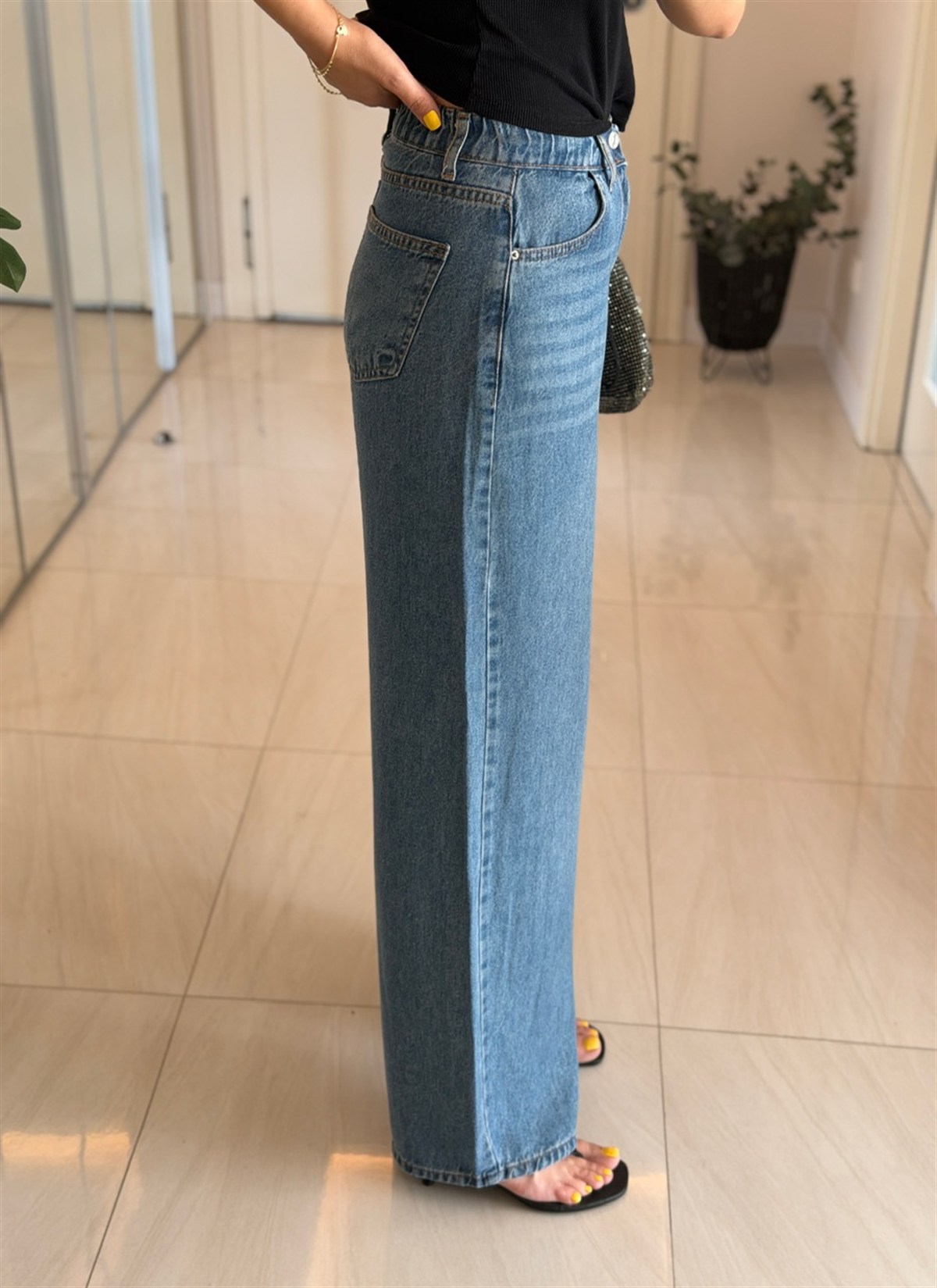 Bel Arkası Lastikli Tensel Denim Palazzo