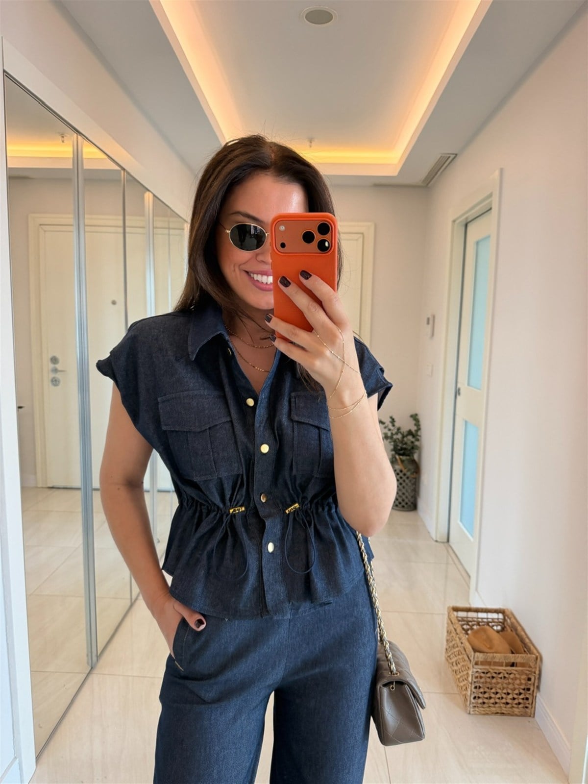 Önü Büzgülü Tasarım Denim Gömlek