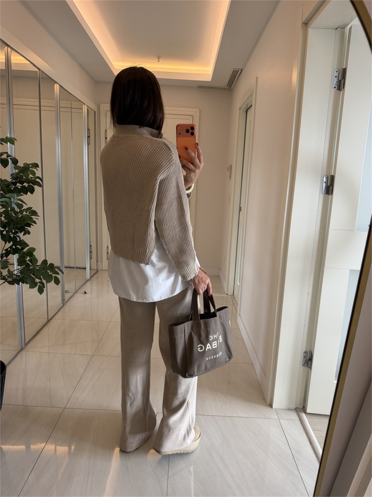 Poplin Detaylı Çift Fermuarlı Triko Takım-Bej