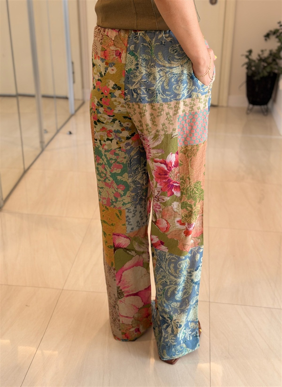 Patchwork Desenli Beli Lastikli Vual Pantolon