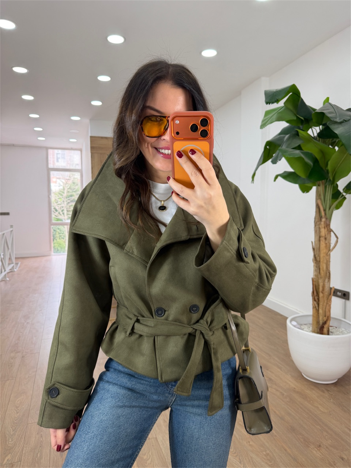 Dik Yaka Kuşaklı Süet Ceket - Haki 