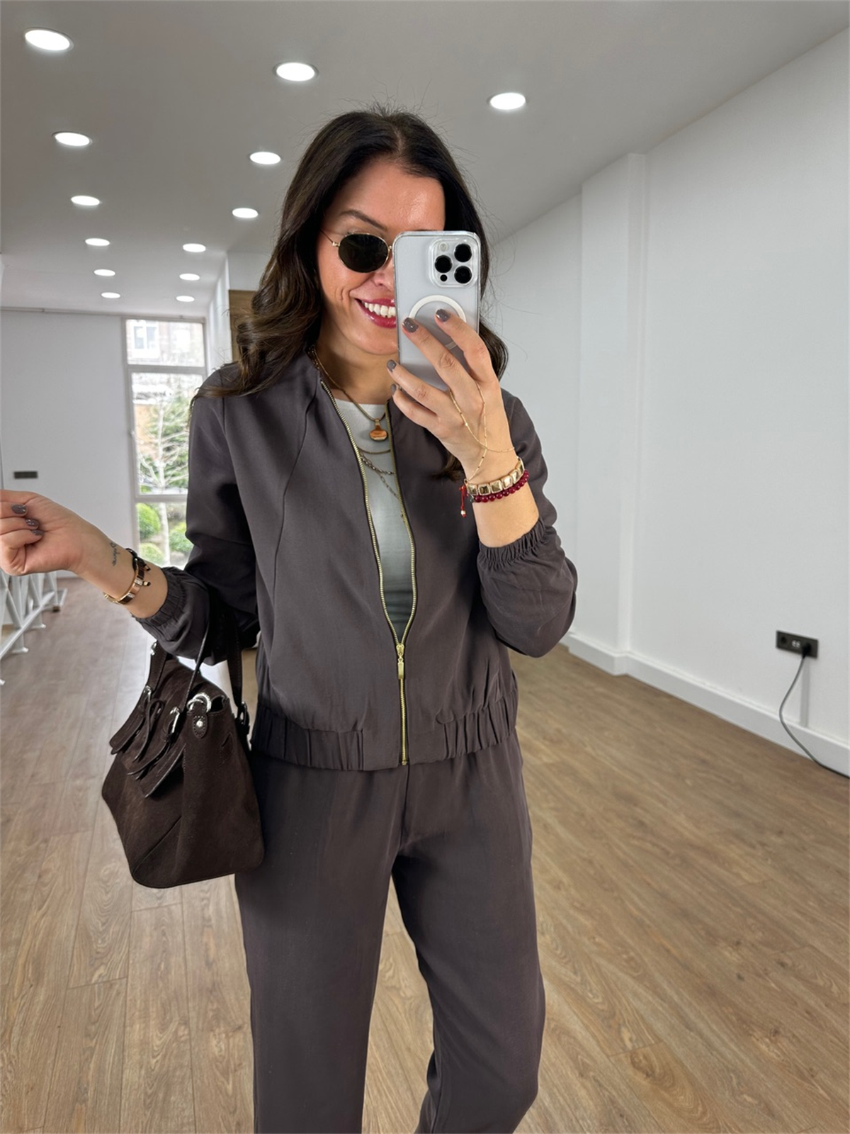 Fermuarlı Pantolon Ceket Takım - Kahverengi