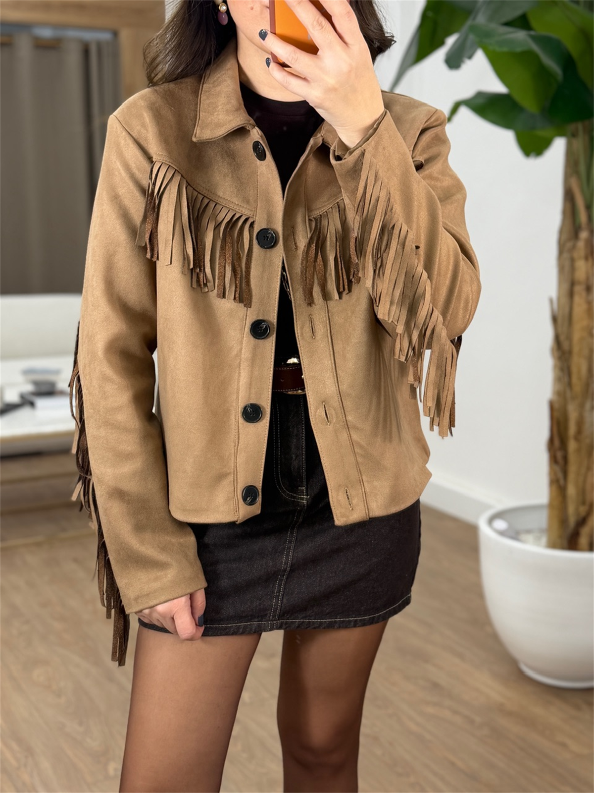 Düğmeli Püsküllü Süet Ceket - Bej 