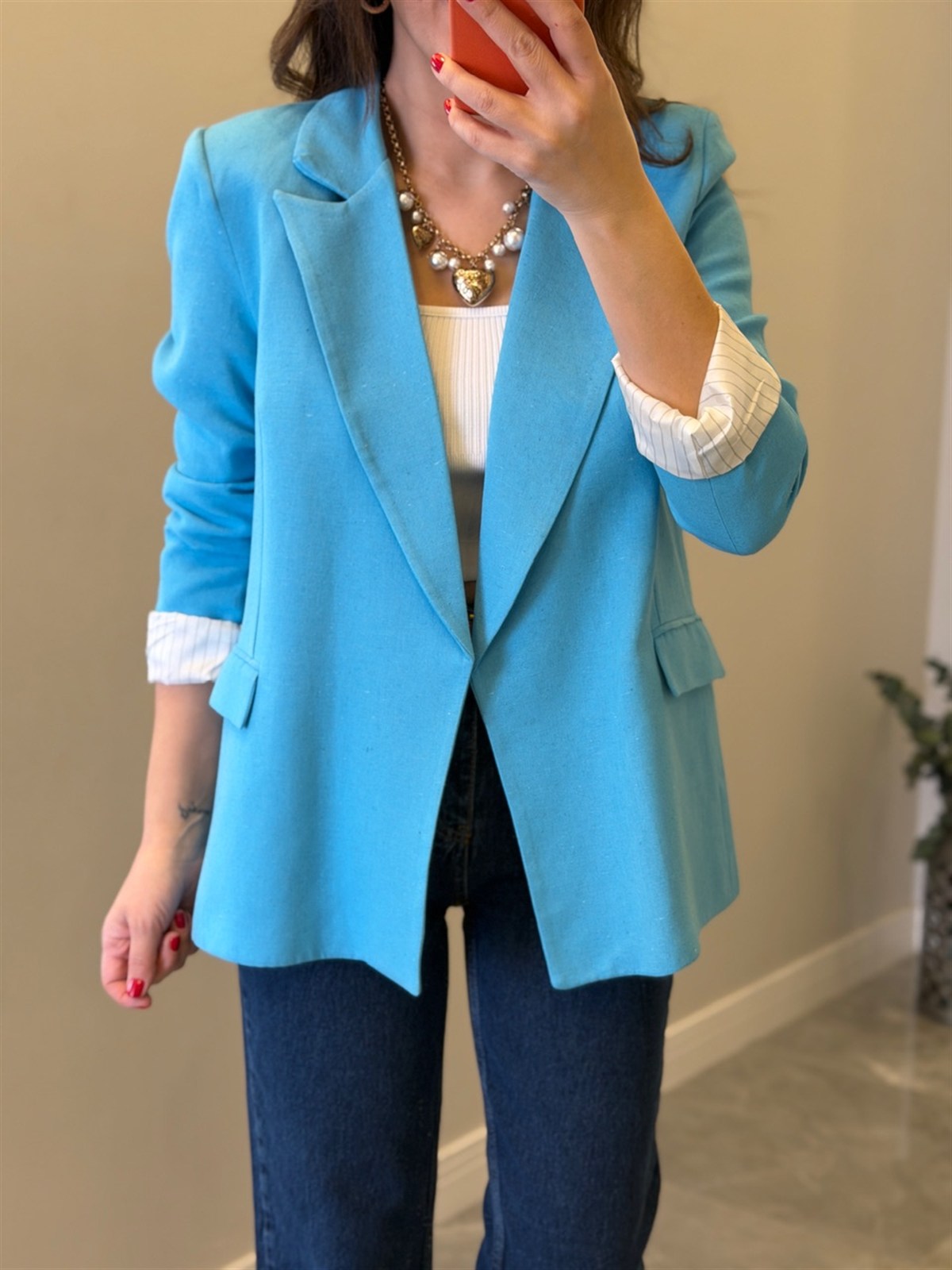 Astarı Çizgili Keten Ceket - Mavi