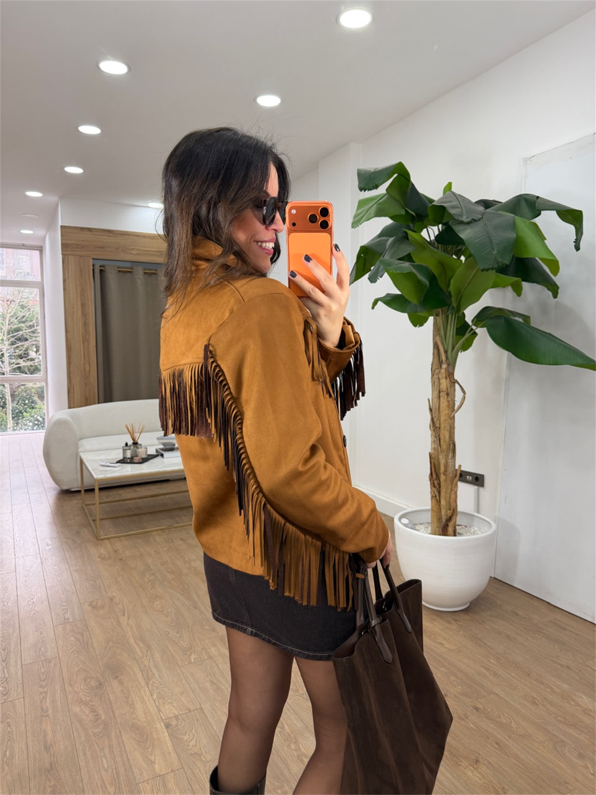 Düğmeli Püsküllü Süet Ceket - Taba