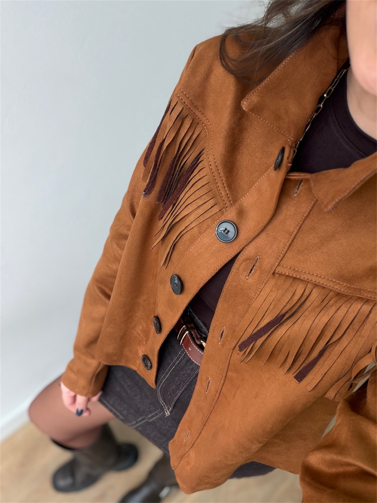 Düğmeli Püsküllü Süet Ceket - Taba